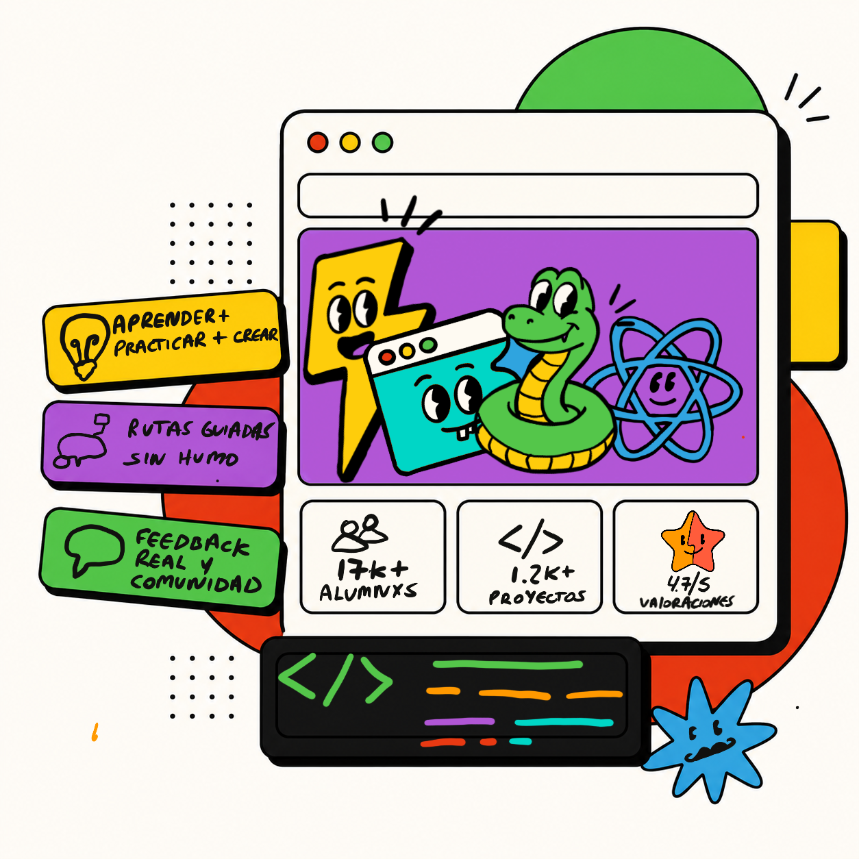 Ilustración de la comunidad CodeaRock con rutas guiadas, feedback real y proyectos